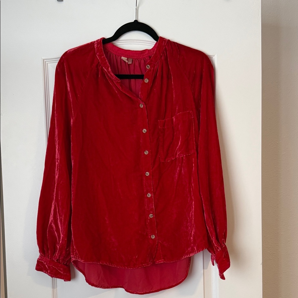 Anthropologie Red Velvet Button-Front Shirt